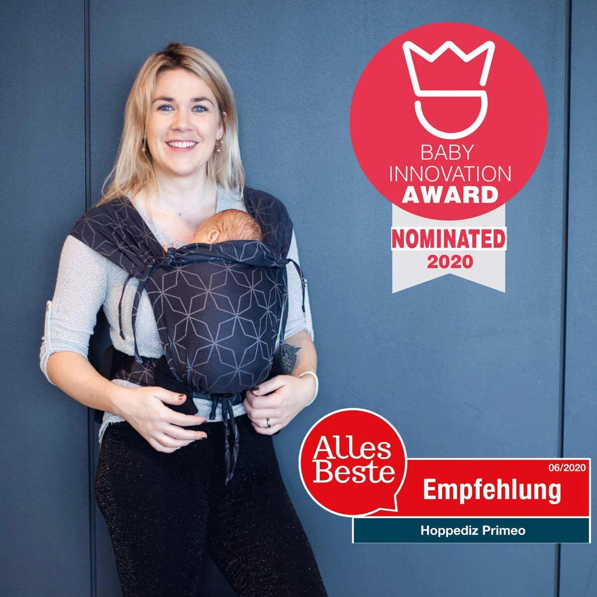 HOPPEDIZ PRIMEO nosidełko ergonomiczne, noszenie dziecka od urodzenia, Baby Innovation Award 2020