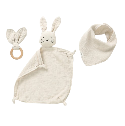NUDU BABY păturică de confort din bumbac + jucărie de dentiție și bavetă IEPURAȘ 28 cm