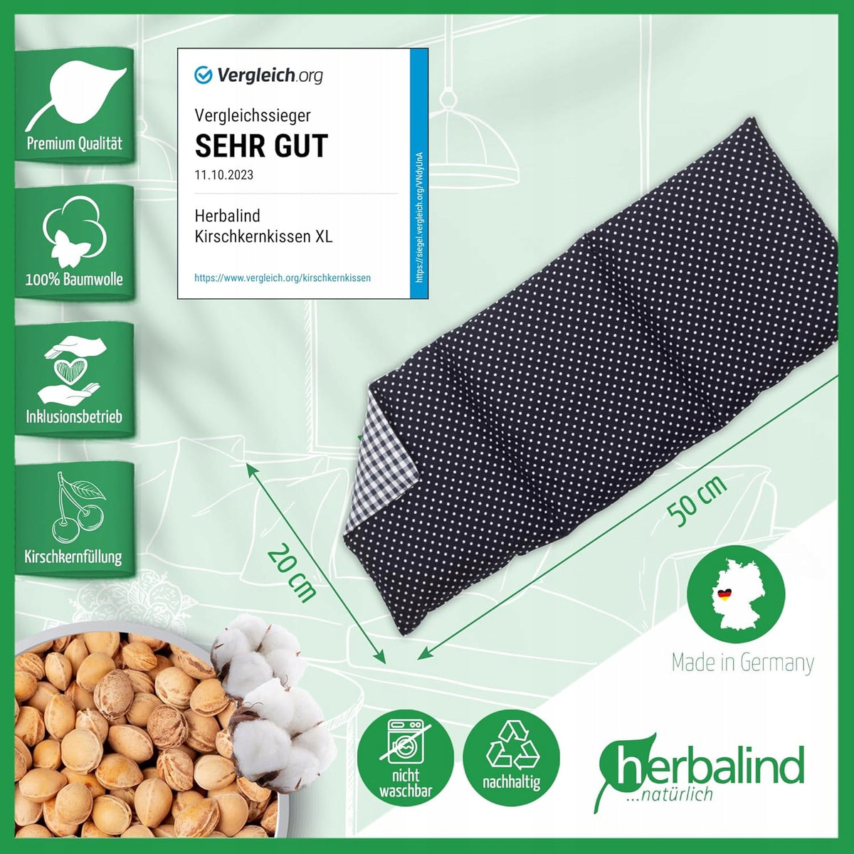 HERBALIND termofor z pestkami wiśni XL 900g 50x20cm, granatowy w groszki, 100% bawełna