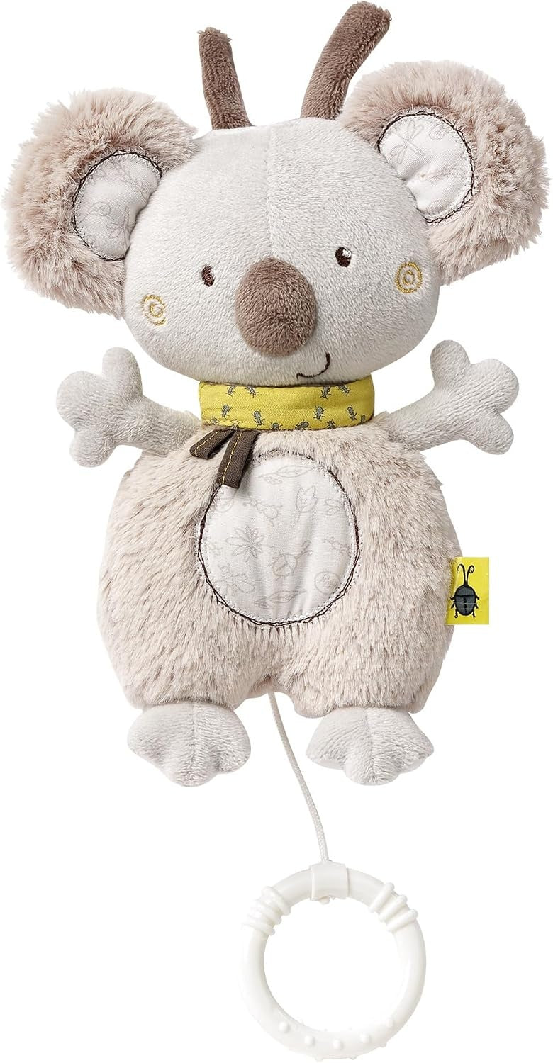 Pluszowa koala FEHN z żółtym szalikiem, pętlami i białym pierścieniem na sznurku.