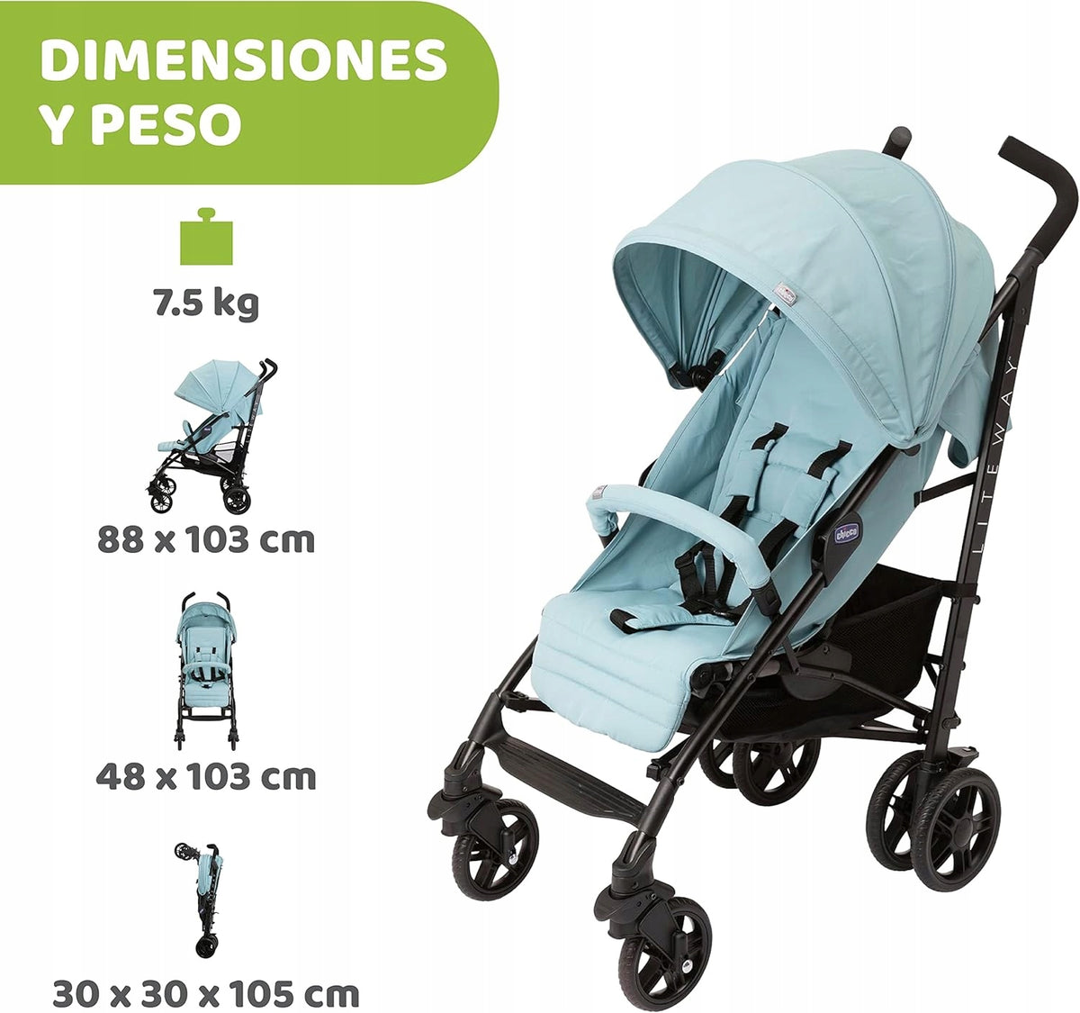 CHICCO LITEWAY wózek spacerowy do 22kg, lekki i kompaktowy, wymiary 7,5 kg, 88 x 103 cm