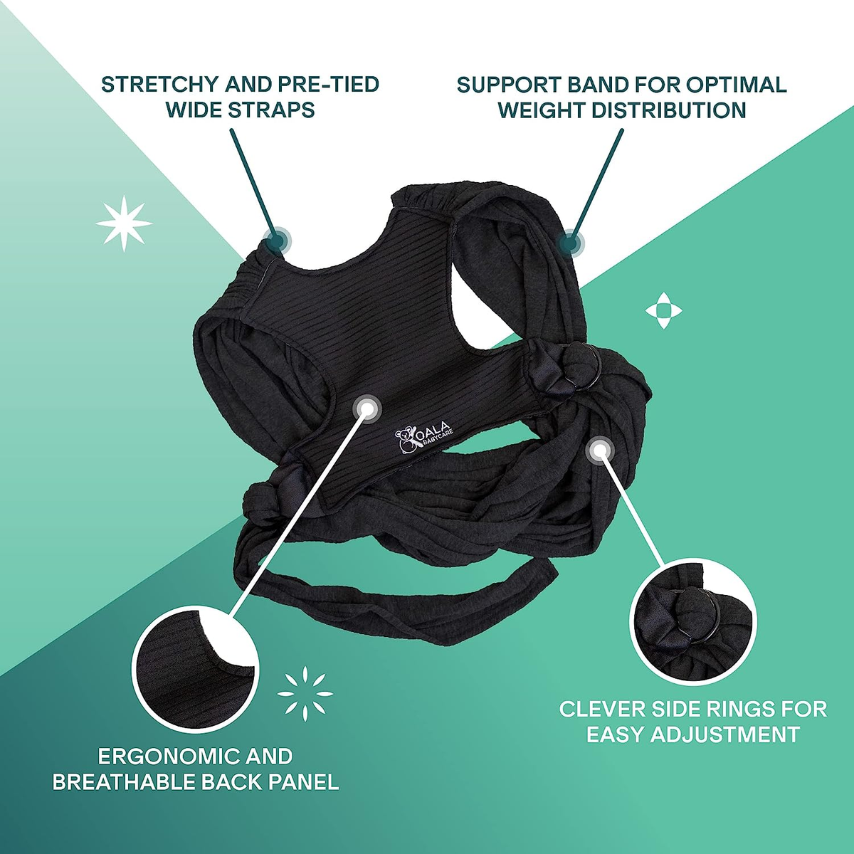 KOALA BABYCARE chusta do noszenia dziecka 2w1, czarna, ergonomiczna chusta/nosidełko z regulacją i szerokimi paskami