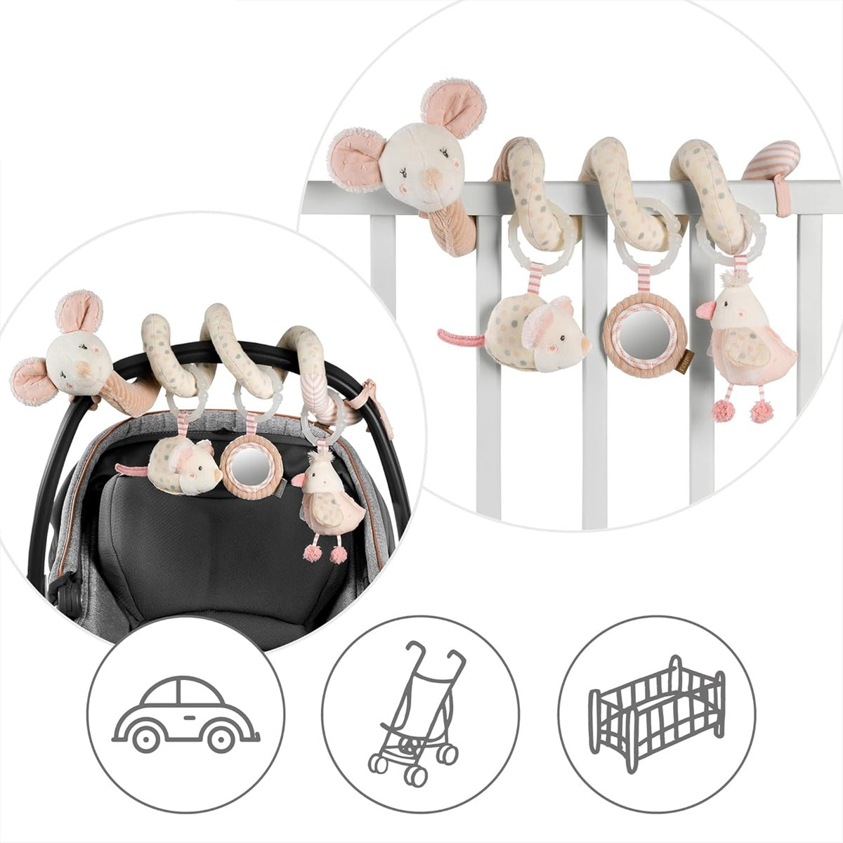 FEHN Spirale Anhänger für Kinderwagen Bettchen Autositz MAUS 35 cm leuchtende Stickerei