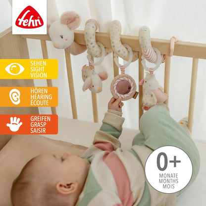 FEHN Spirale Anhänger für Kinderwagen, Bettchen, Babyschale, MAUS 35 cm, leuchtende Stickerei