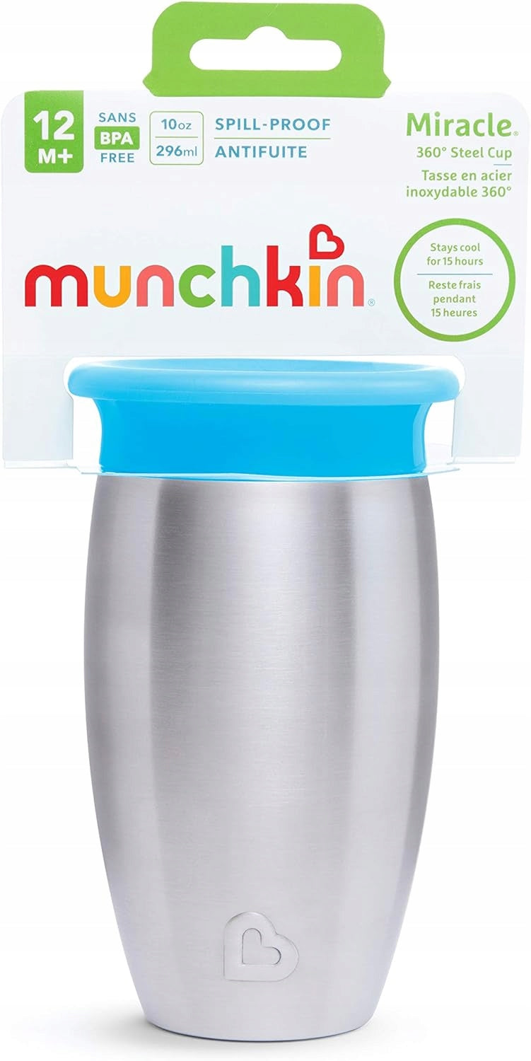 MUNCHKIN Miracle kubek 360 6msc+ 296ml stal nierdzewna niebieski, izolowany kubek 360° bez BPA, szczelny