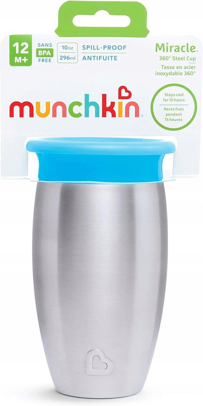 MUNCHKIN Miracle kubek 360 6msc+ 296ml stal nierdzewna niebieski, izolowany kubek 360° bez BPA, szczelny
