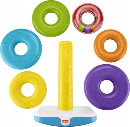 FISHER-PRICE giga piramidka z kółek, kolorowa zabawka do układania z grzechoczącym kółkiem i podstawą