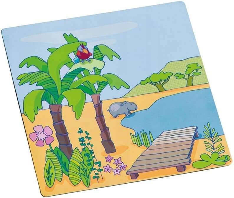 HABA układanka magnetyczna Ubierz Lilli 4 tła 54 magnesy, plażowe tło z palmami i jeziorem