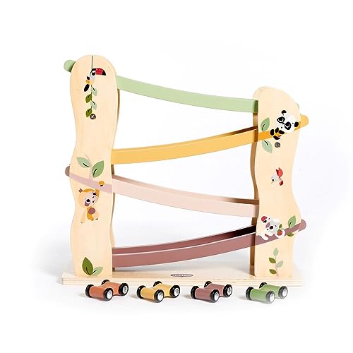 Rampa samochodowa Tiny Love Boho Chic z czterema kolorowymi autkami, widok pod kątem.