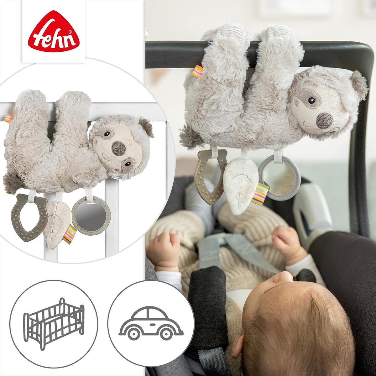 FEHN Activity Faultier Plüsch-Anhänger für Kinderwagen und Babyschale 22 cm