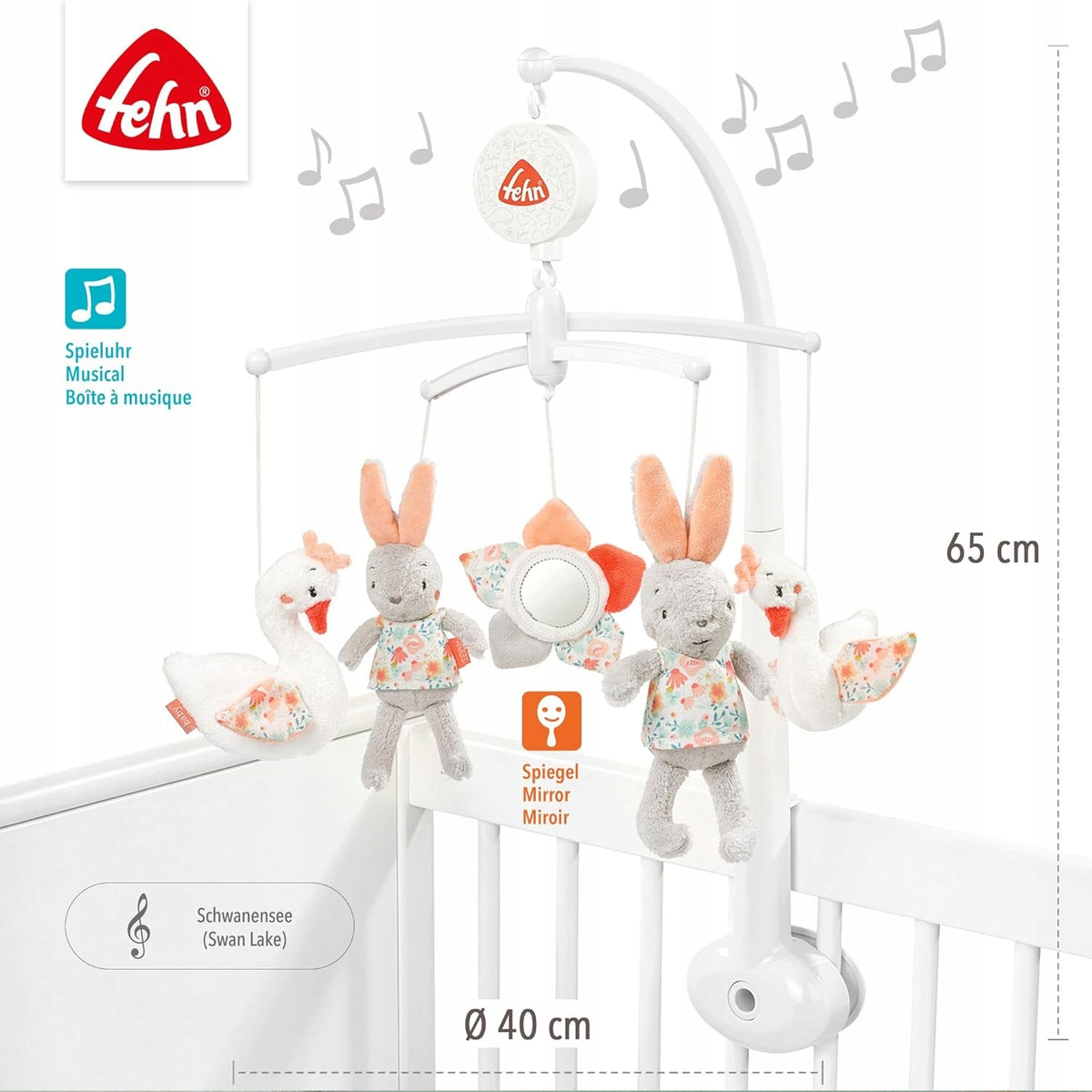 FEHN Jezioro Łabędzi KARUZELA do łóżeczka, muzyczna karuzela 65 cm z lusterkiem i pluszowymi zabawkami