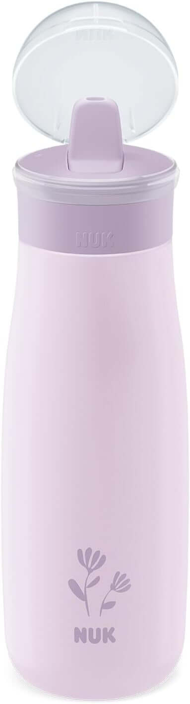 NUK Mini-Me Flip stalowa butelka ze słomką i ustnikiem 500 ml 12 m+ liliowa z twardym składanym ustnikiem