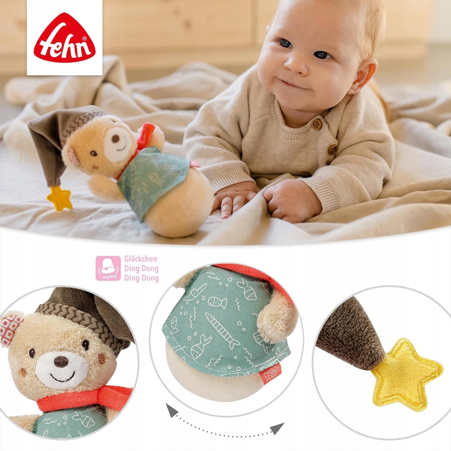 FEHN Miś Bruno wańka WSTAŃKA 14cm grzechotka