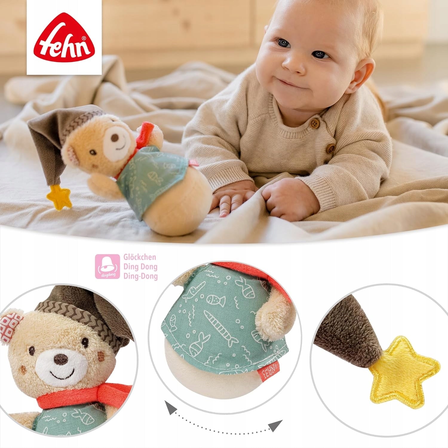 FEHN Miś Bruno wańka WSTAŃKA 14cm grzechotka