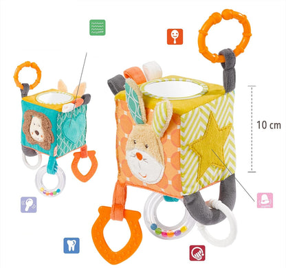 FEHN Activity Cube plush hanging cube with a rattle, 10 x 10 cm