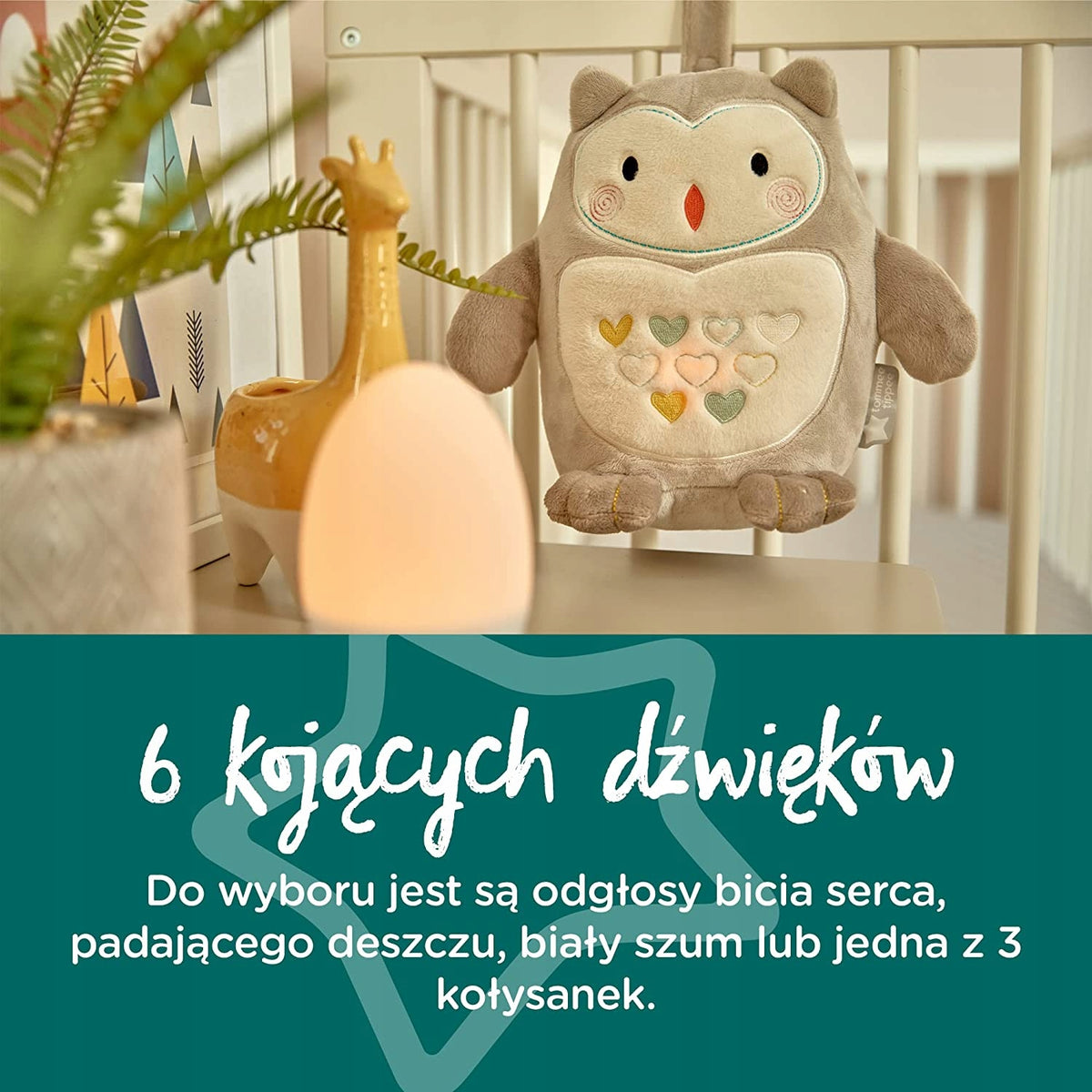 TOMMEE TIPPEE Sowa Ollie PRZYTULANKA lampka dźwięk - szara sowa z 6 kojącymi dźwiękami do snu dziecka