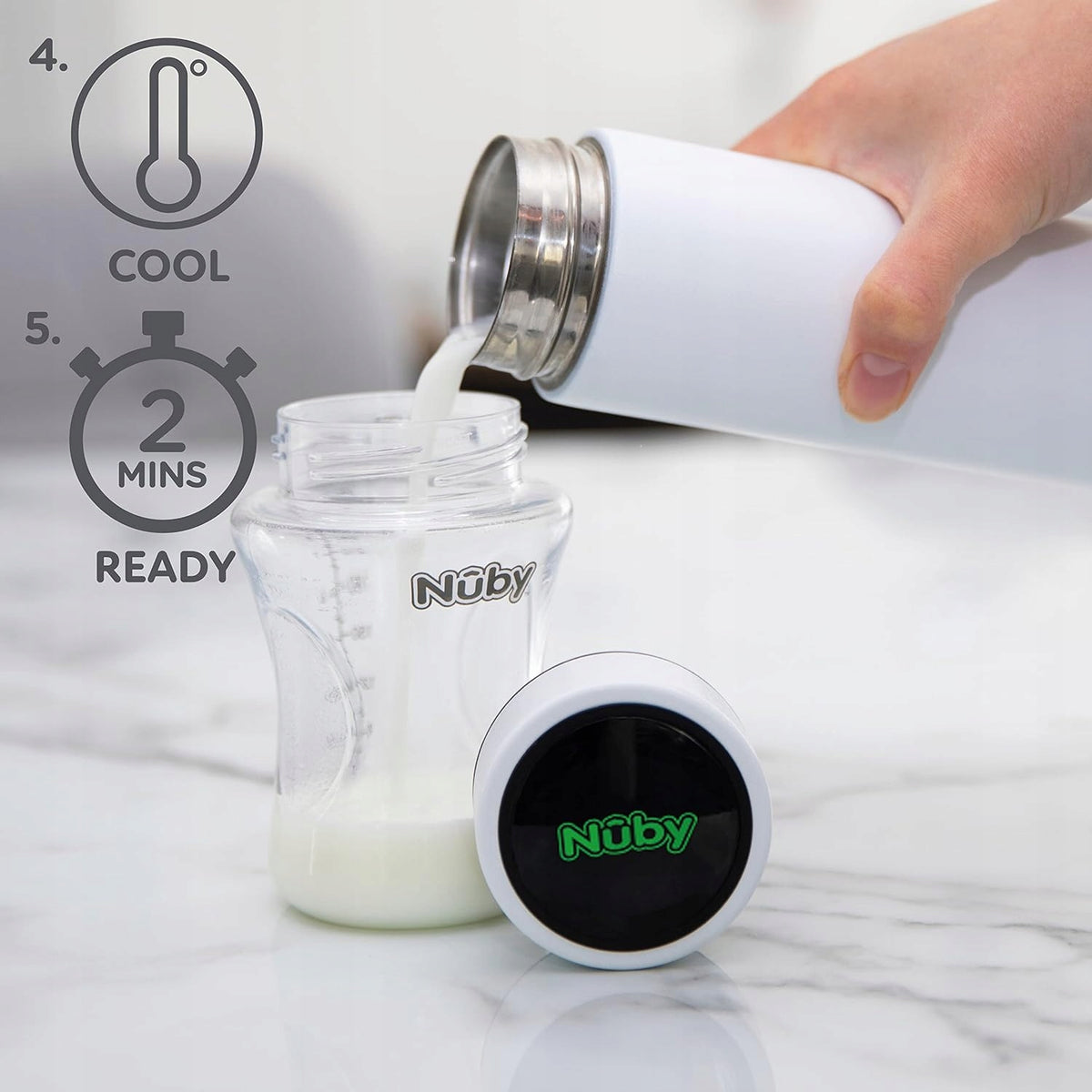 NUBY RapidCool termos chłodzący do przygotowywania mleka 240 ml LED, biały, stal nierdzewna