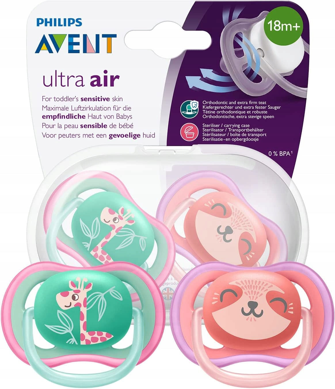PHILIPS AVENT Ultra Air smoczki x 2 18msc+ z etui, 0% BPA, dla wrażliwej skóry, różowe i zielone