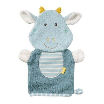 Turkusowa rękawica myjka w kształcie smoka, z jasnymi uszami, żółtymi rogami i pasiastym brzuszkiem.
