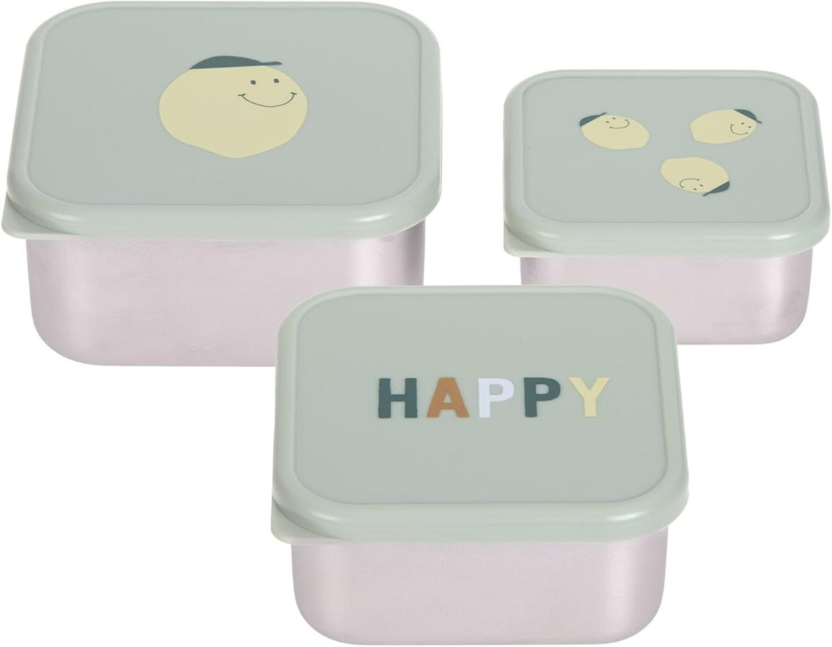 Trzy pojemniki z jasnymi pokrywkami, na których widać uśmiechnięte buźki i napis HAPPY.