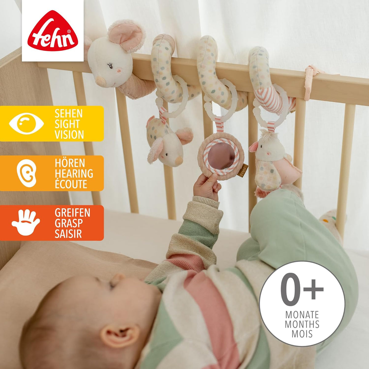 FEHN Spirale Anhänger für Kinderwagen Bettchen Autositz MAUS 35 cm leuchtende Stickerei