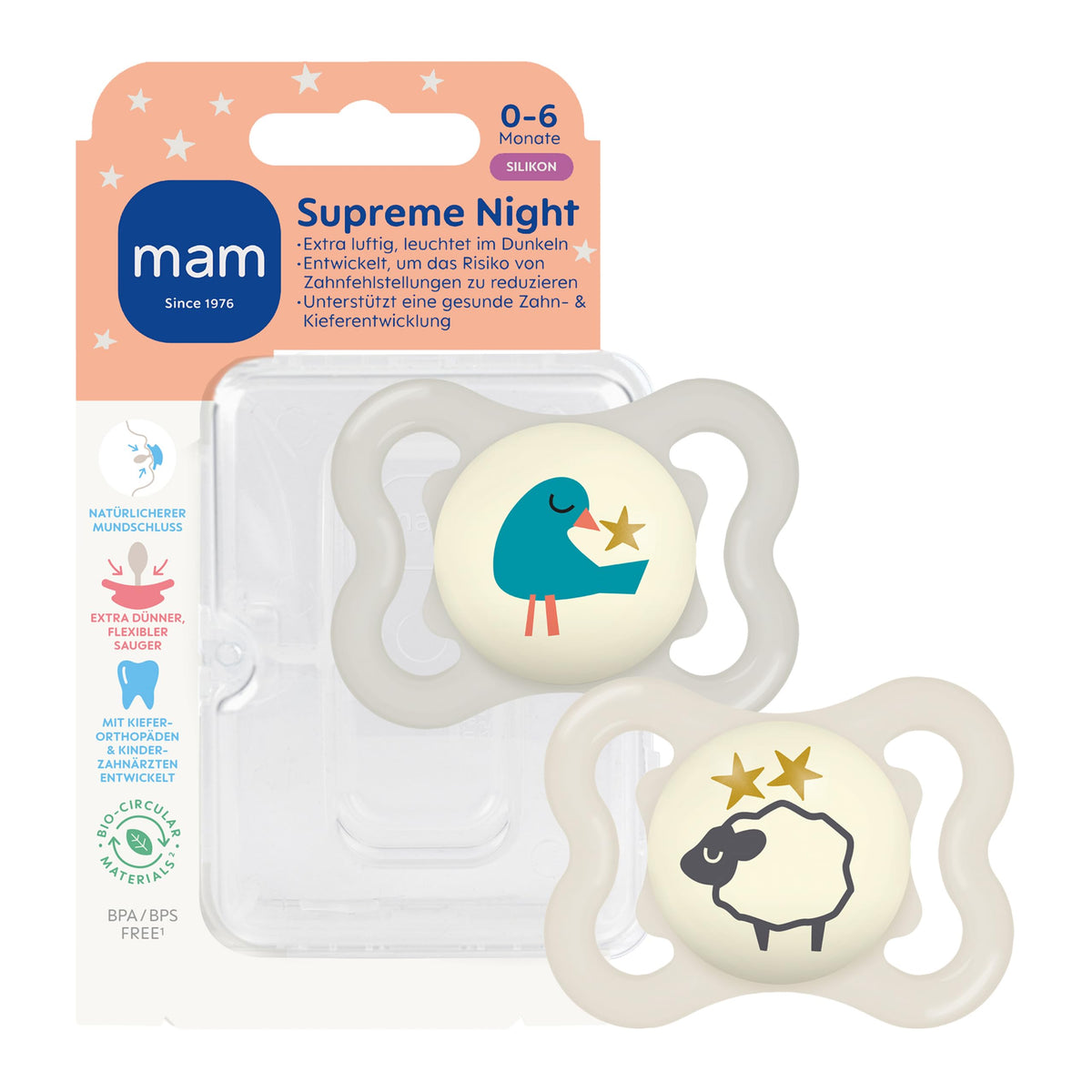 MAM Supreme Night Silikon-Schnuller 0-6m x2 LEUCHTEND