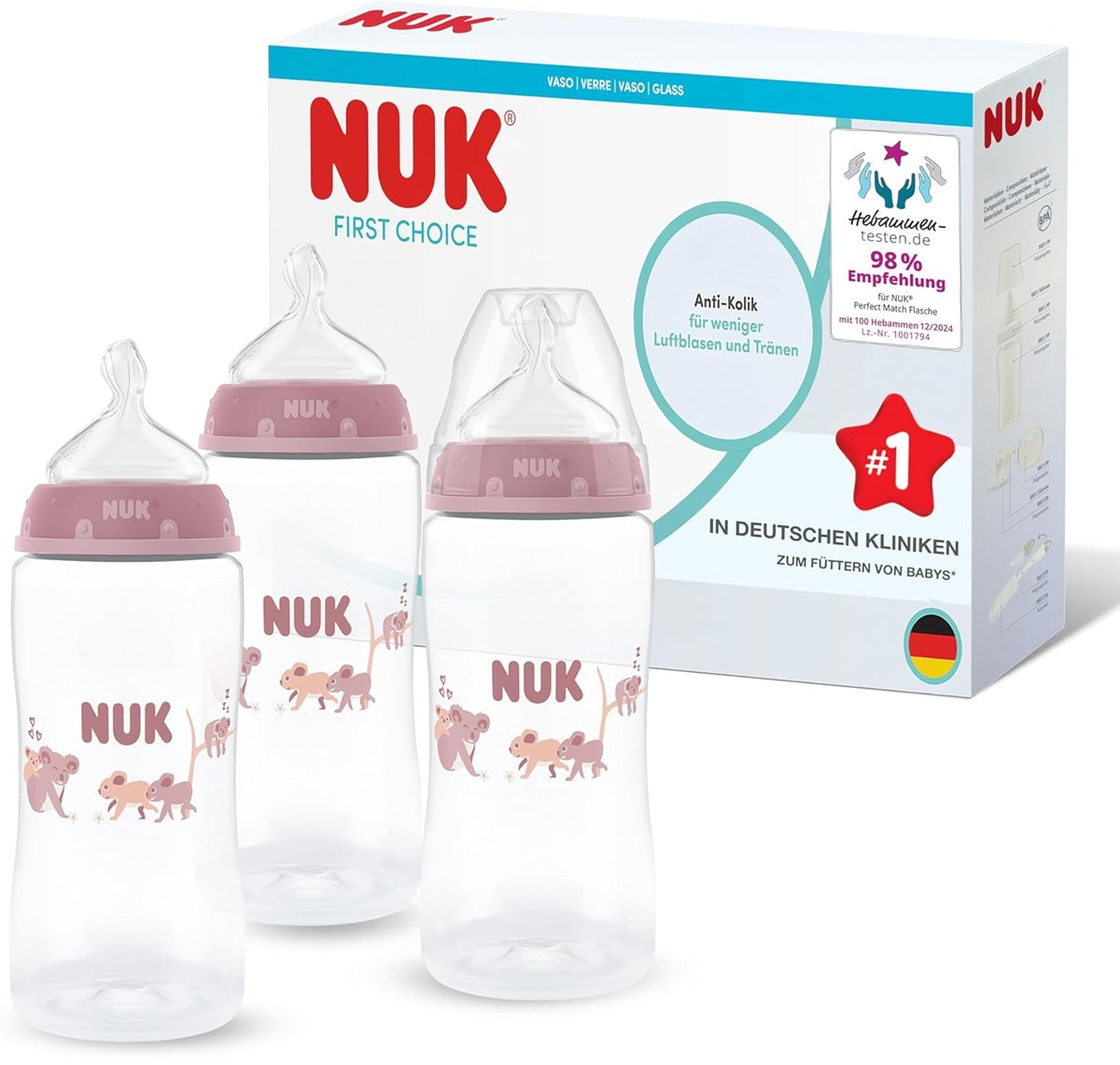 NUK First Choice Set 3x Flasche 300 ml Sauger M 3 m+ KOALA