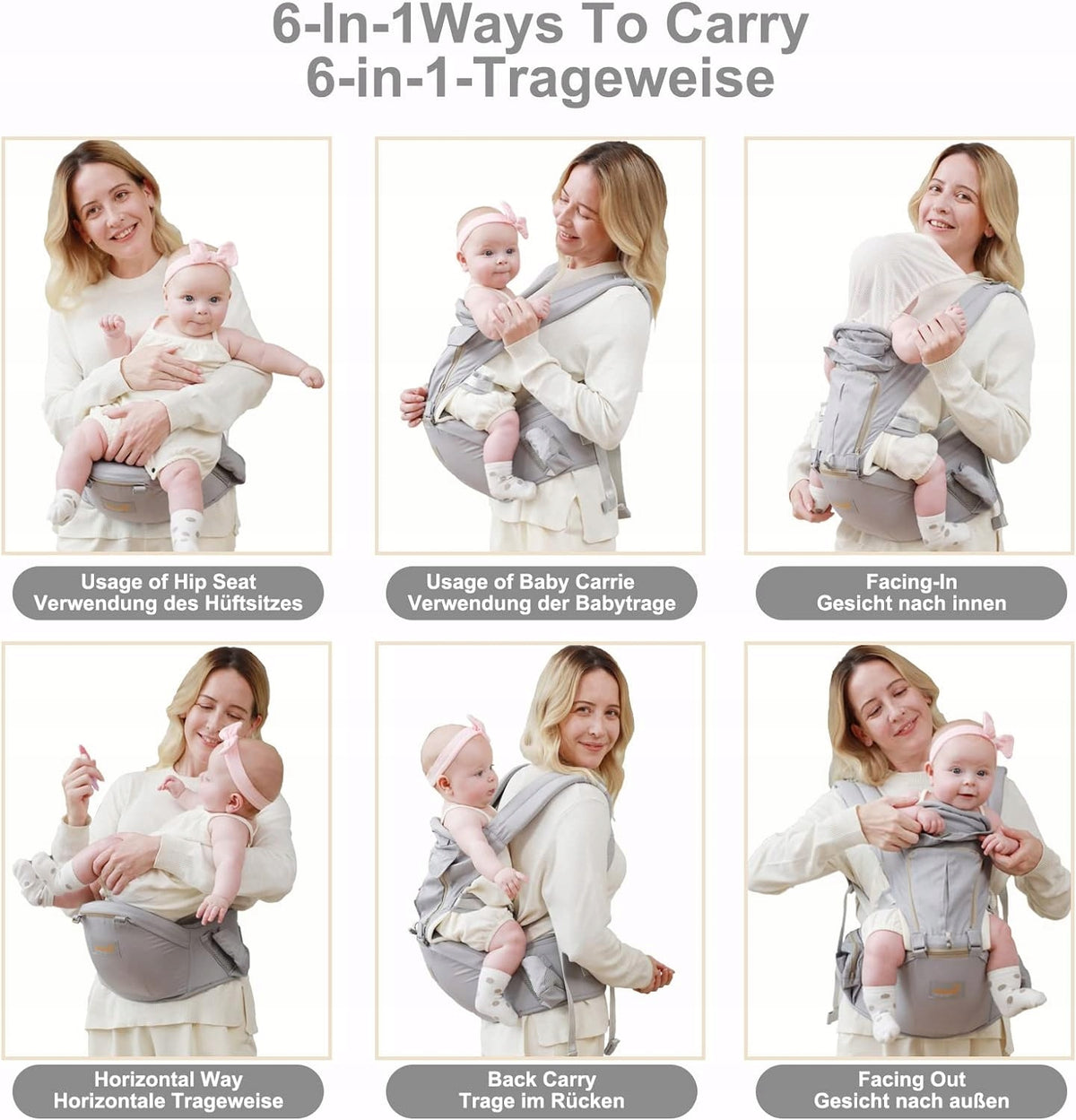 GROWNSY Babytrage Ergonomisch mit Hüftsitz 6-in-1