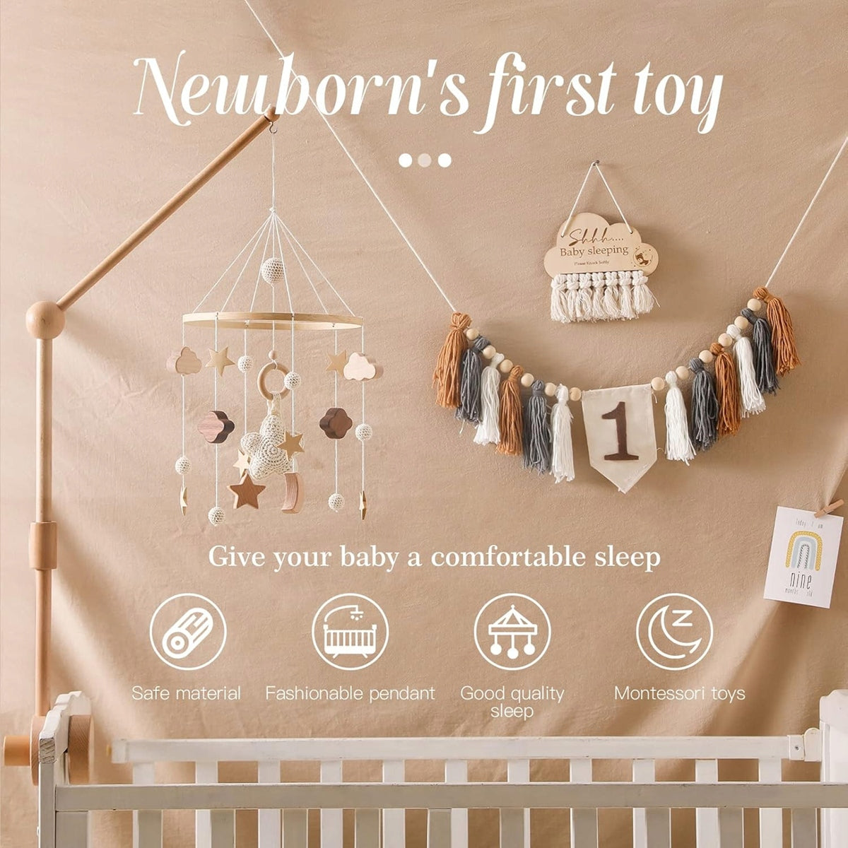 SWECOMZE Babybett-Mobile Holz Stoff BOHO