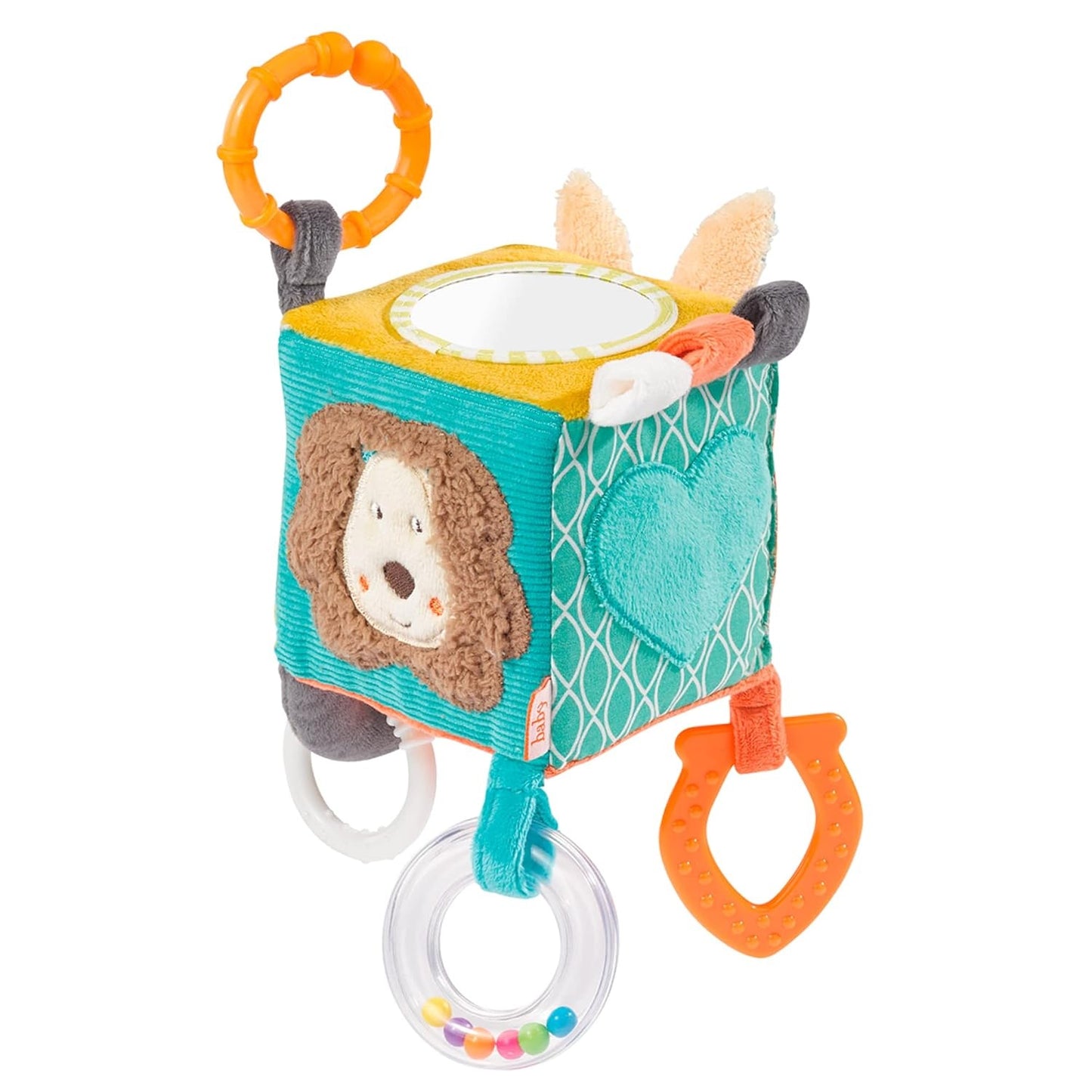 FEHN Activity Cube plush hanging cube with a rattle, 10 x 10 cm