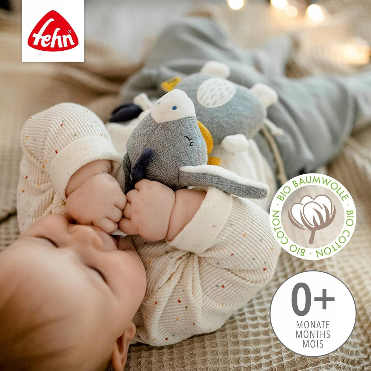 FEHN Nature zawieszka OSIOŁEK z pozytywką 22cm, miękka zabawka 0+ do wózka i łóżeczka