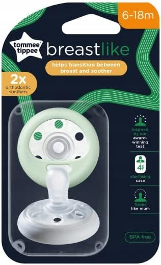 TOMMEE TIPPEE succhietto ortodontico x2 6-18 mesi GLOW IN THE DARK