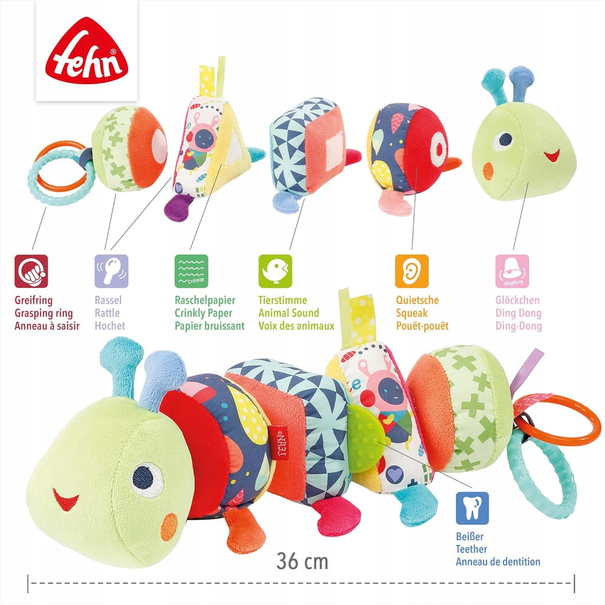 FEHN Color Friends gąsienica puzzle na rzep SENSORYCZNA 36cm zabawka sensoryczna z grzechotką, piszczałką i gryzakiem