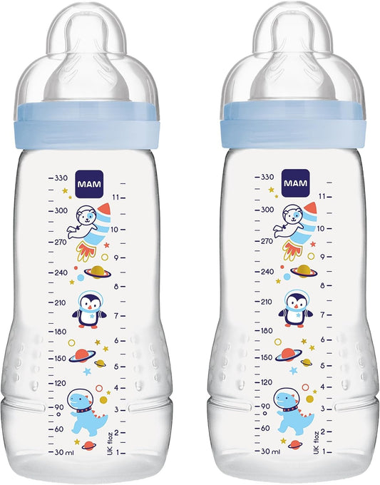 MAM Easy Active zestaw butelek 2x 330 ml 4 m+ smoczek 2 KOSMOS, niebieskie butelki z motywem kosmosu