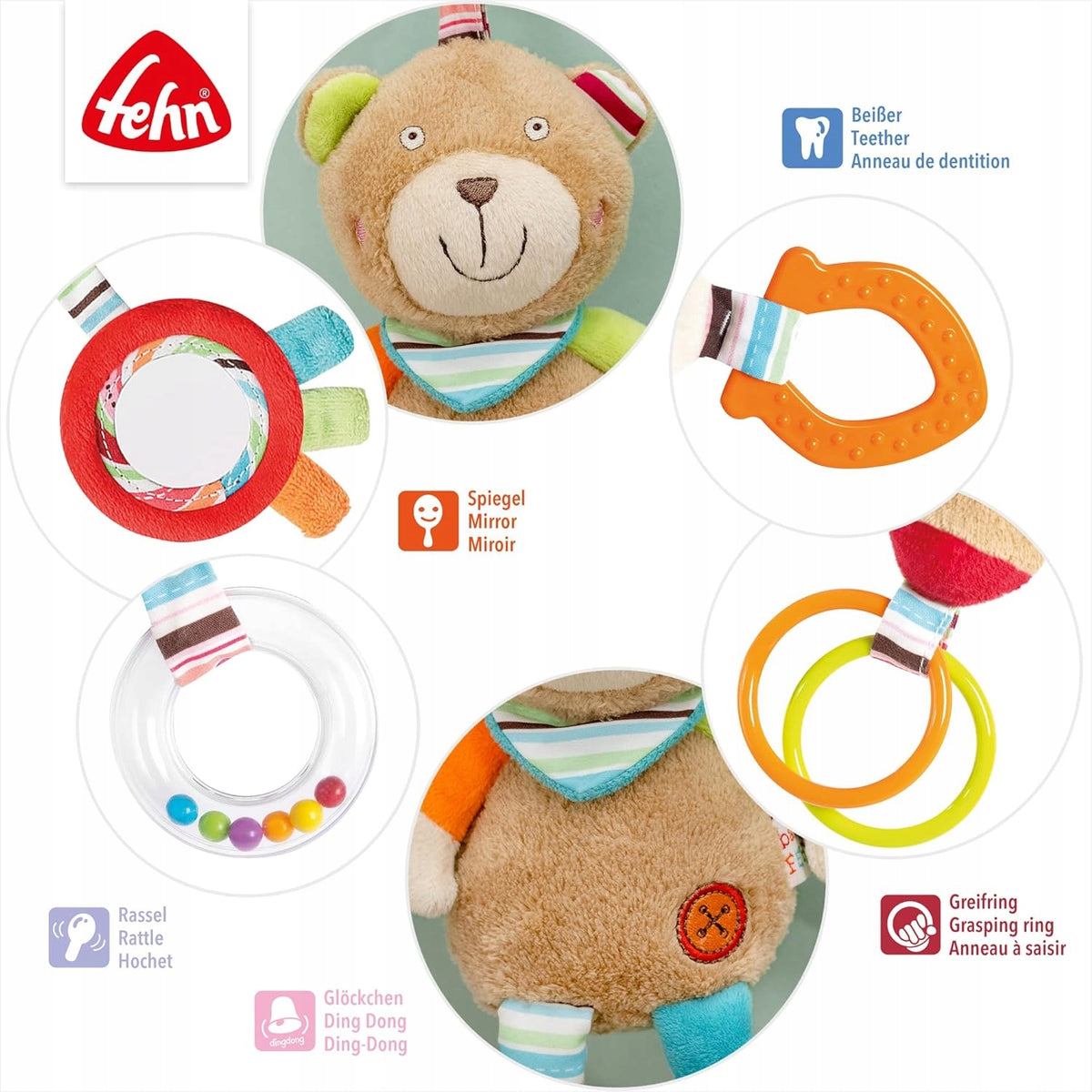 FEHN OSKAR stroller and car seat hanging toy with rattle and grabber