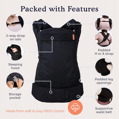 BECO TODDLER nosidełko klamrowe 9-27kg, bawełniane nosidło z 2-way strap, budką i kieszenią