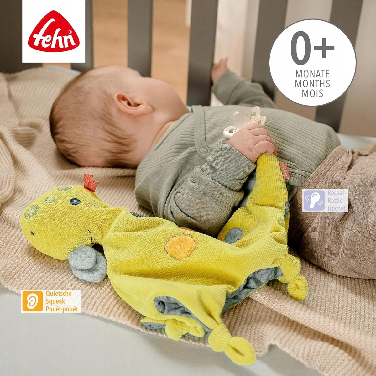 FEHN Happy Dino Schnuffeltuch DINO 30 cm Schnullerhalter
