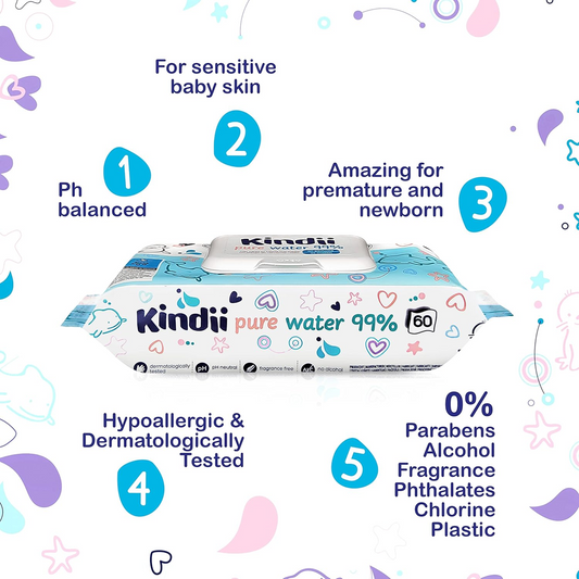 KINDII Pure Water 99 Feuchttücher mit Wasser x60 – Produktfoto 2