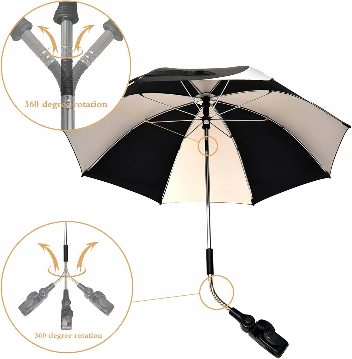 ZJ RIGHTO parasol ochronny do wózka średnica 74 cm promienie UV wodoodporny, czarno-srebrny, 360° regulacja