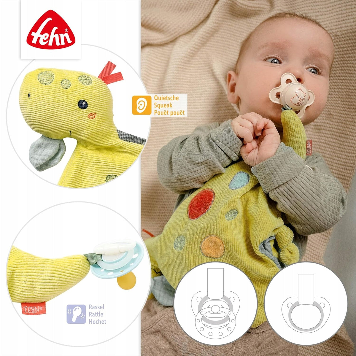 FEHN Happy Dino Schnuffeltuch DINO 30 cm Schnullerhalter