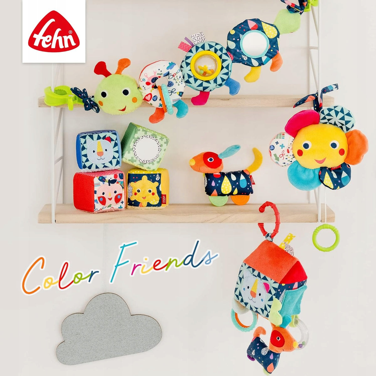 FEHN Color Friends gąsienica puzzle na rzep SENSORYCZNA 36cm, kolorowa zabawka edukacyjna 0+ z grzechotką