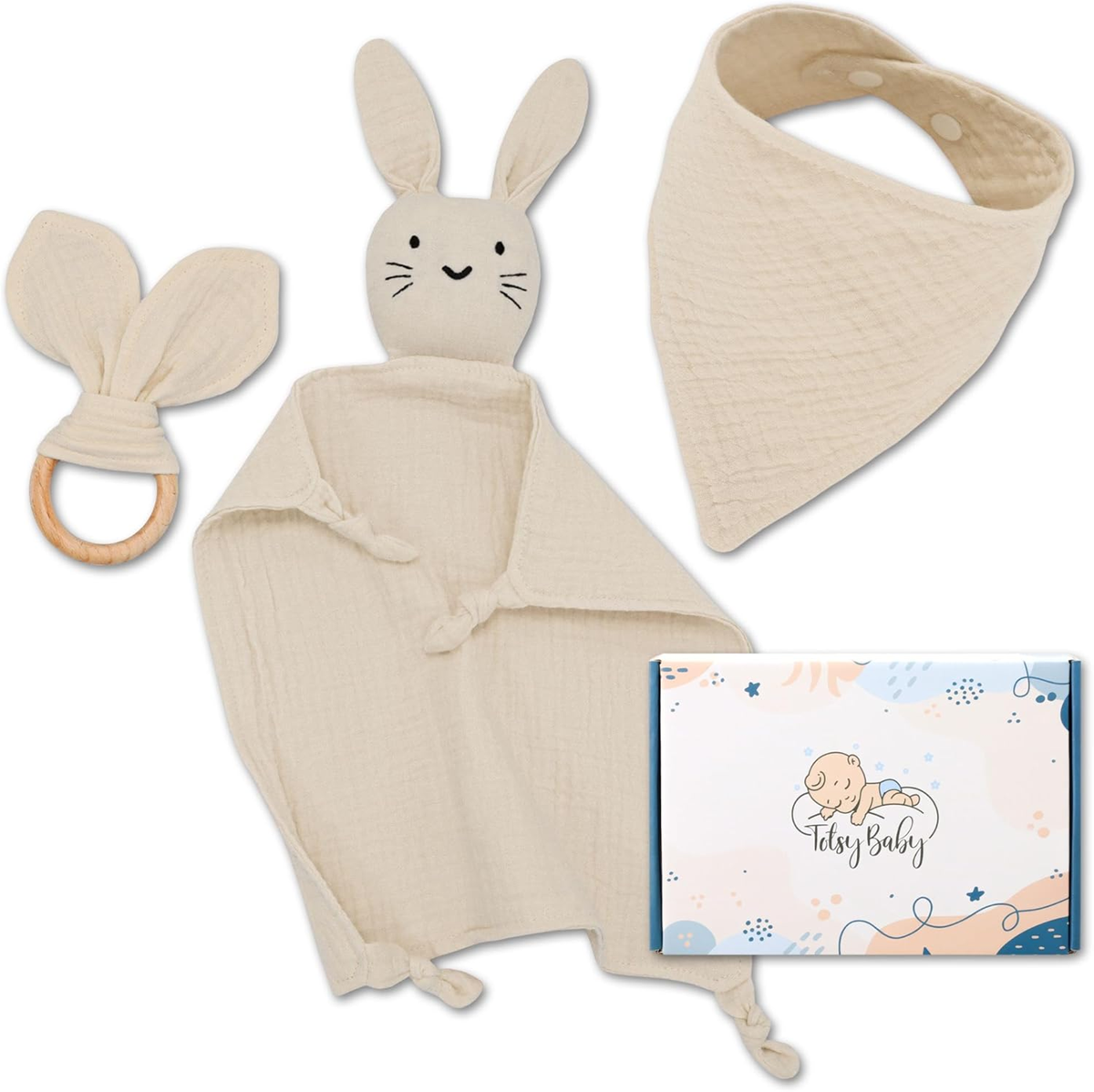 TOTSY BABY Musselin-Komforter und Lätzchen, Beißring aus Holz 27x27 cm HASE