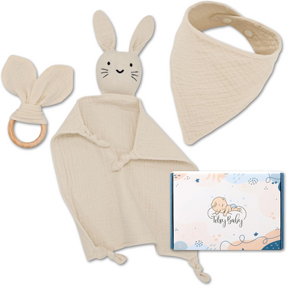 TOTSY BABY Musselin-Komforter und Lätzchen, Beißring aus Holz 27x27 cm HASE