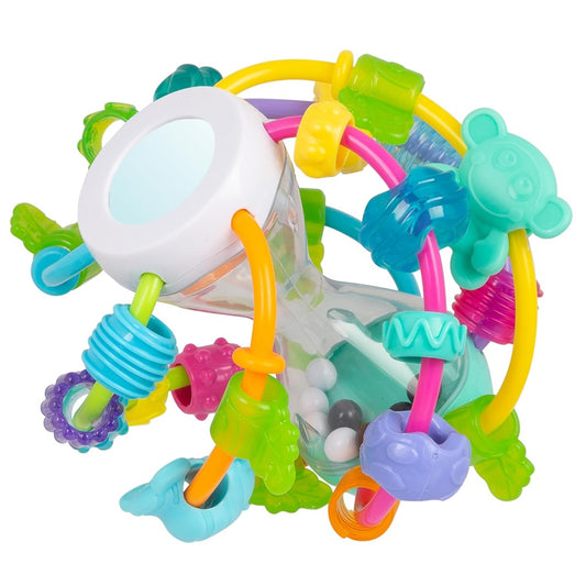PLAYGRO Play and Learn Ball Beiß- und Greifball mit Rassel und Spiegel, 14 cm