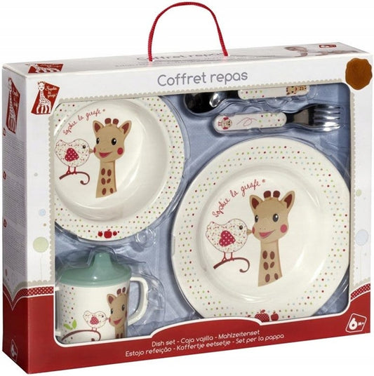 SOPHIE LA GIRAFE suction bowl, plate, fork, spoon - DAMAGED CUP!