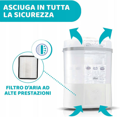 CHICCO sterylizator parowy z suszarką All in One, biały, z filtrem powietrza i funkcją suszenia