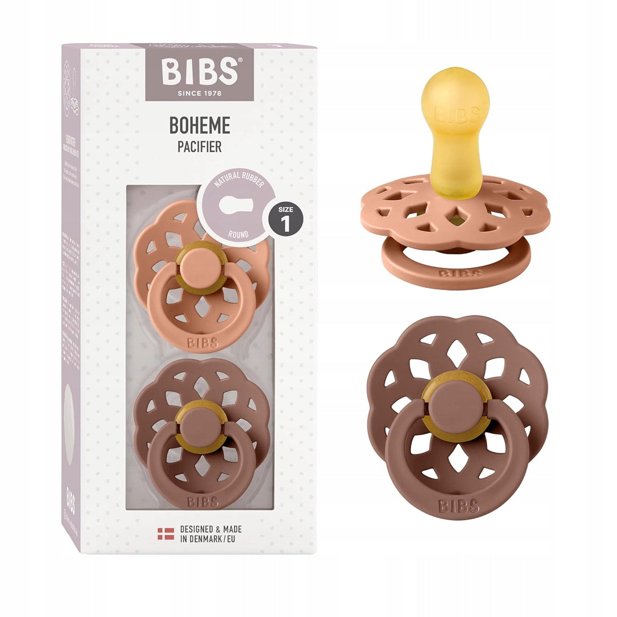 BIBS BOHEME smoczki uspokajające 2pack 0-6msc, naturalny kauczuk, okrągłe smoczki dla niemowląt