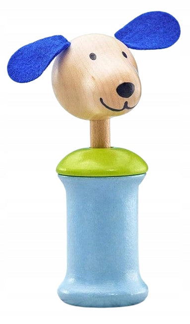 SELECTA Ringo drewniany chwytak z piszczałką PIES 12,5 cm, niebiesko-zielona zabawka dla niemowląt