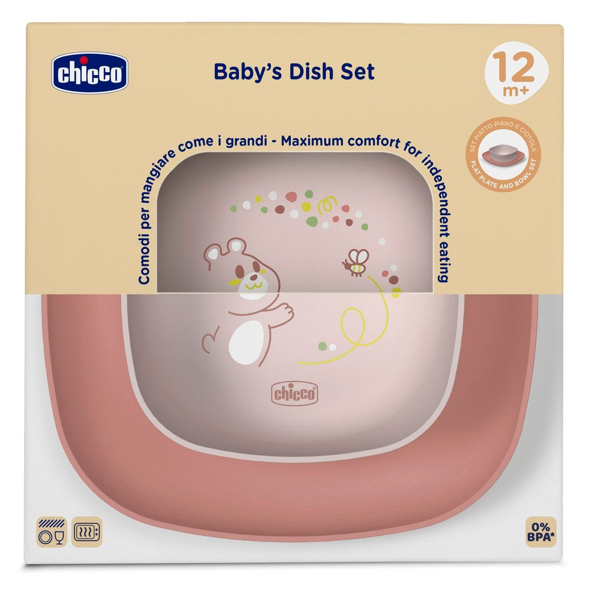 Różowy zestaw Chicco Baby’s Dish Set w opakowaniu z okienkiem pokazującym talerz i miseczkę z motywem misia.