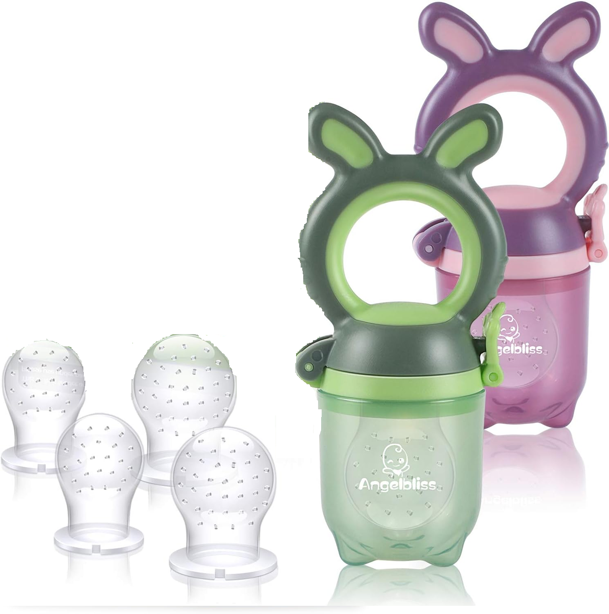 ANGELBLISS Fruchtsauger für Babys 3-12 Monate, 2 Stück, 6 Mundstücke